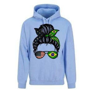 Brazil Usa Flag Brazilian American Messy Bun Wife Mom Gift Unisex Surf Hoodie