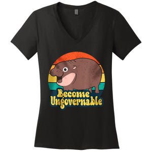 Become Ungovernable Funny Baby Hippo Moo Deng Funny Saying Women's V-Neck T-Shirt