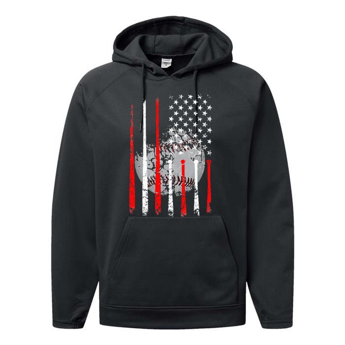 Baseball Usa Flag American Flag Vintage Performance Fleece Hoodie