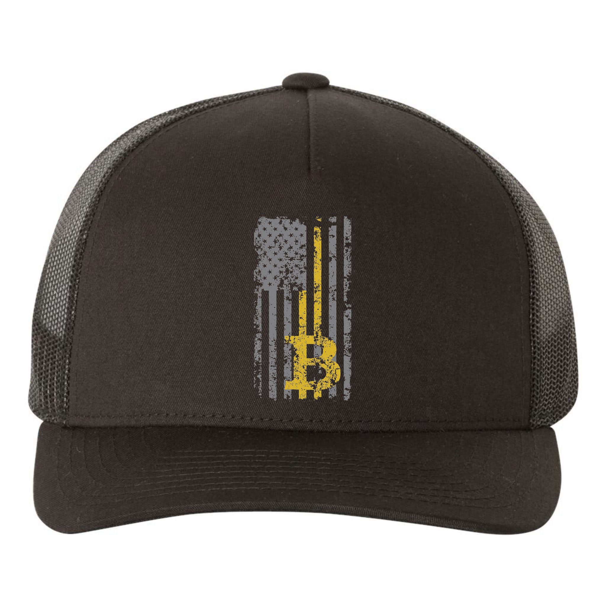 Bitcoin Usa Flag Distressed Digital Currency Lover Yupoong Adult 5-Panel Trucker Hat