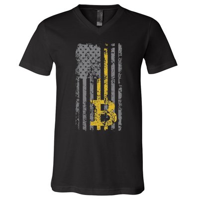 Bitcoin Usa Flag Distressed Digital Currency Lover V-Neck T-Shirt