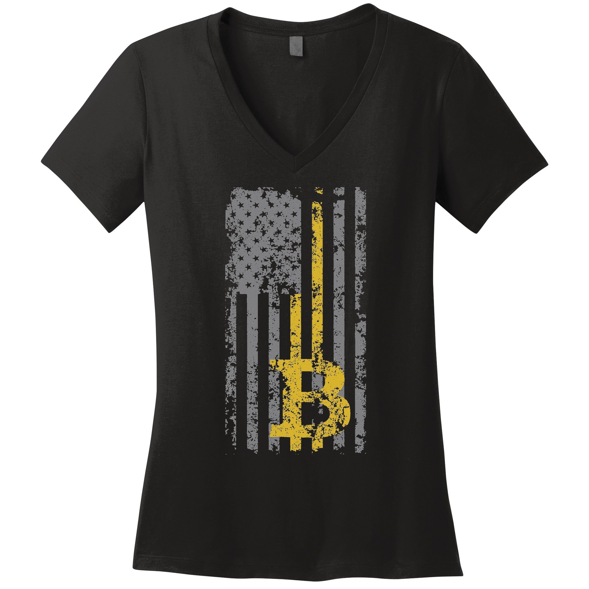 Bitcoin Usa Flag Distressed Digital Currency Lover Women's V-Neck T-Shirt