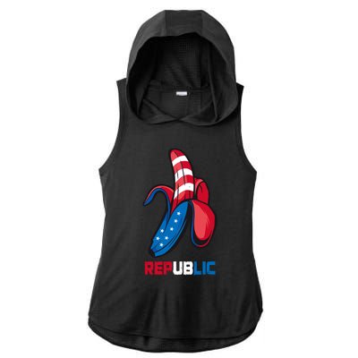 Banana Us Flag Patriot America Party Funny Fruit Republic Ladies PosiCharge Tri-Blend Wicking Draft Hoodie Tank