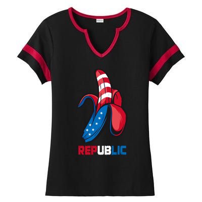 Banana Us Flag Patriot America Party Funny Fruit Republic Ladies Halftime Notch Neck Tee