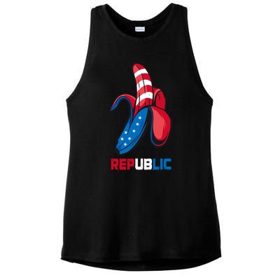 Banana Us Flag Patriot America Party Funny Fruit Republic Ladies PosiCharge Tri-Blend Wicking Tank