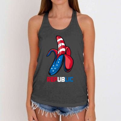 Banana Us Flag Patriot America Party Funny Fruit Republic Women's Knotted Racerback Tank