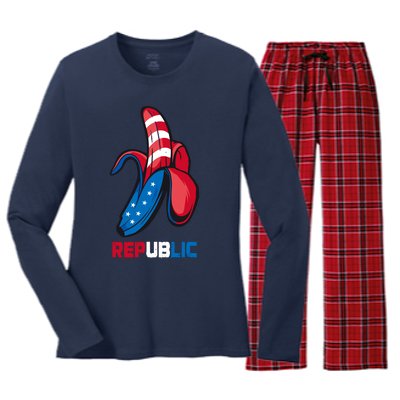 Banana Us Flag Patriot America Party Funny Fruit Republic Women's Long Sleeve Flannel Pajama Set 