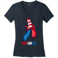 Banana Us Flag Patriot America Party Funny Fruit Republic Women's V-Neck T-Shirt