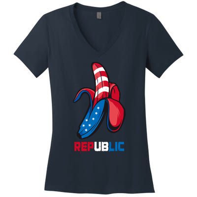 Banana Us Flag Patriot America Party Funny Fruit Republic Women's V-Neck T-Shirt