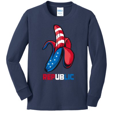 Banana Us Flag Patriot America Party Funny Fruit Republic Kids Long Sleeve Shirt