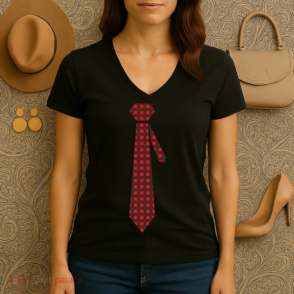 Buffalo Plaid Christmas Tie Women's V-Neck T-Shirt