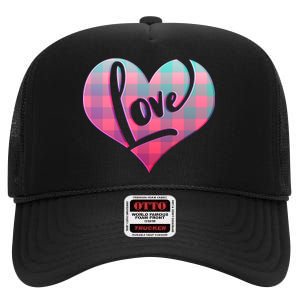 Buffalo Plaid Love Heart Valentines Day High Crown Mesh Back Trucker Hat