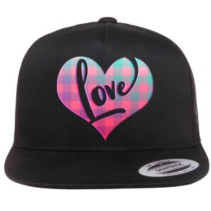 Buffalo Plaid Love Heart Valentines Day Flat Bill Trucker Hat