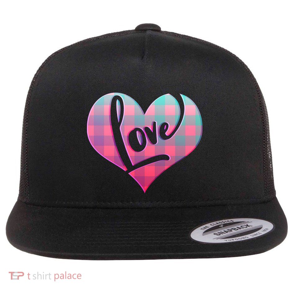 Buffalo Plaid Love Heart Valentines Day Flat Bill Trucker Hat