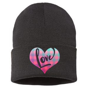 Buffalo Plaid Love Heart Valentines Day Sustainable Knit Beanie