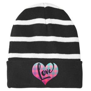 Buffalo Plaid Love Heart Valentines Day Striped Beanie with Solid Band