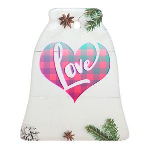 Buffalo Plaid Love Heart Valentines Day Ceramic Bell Ornament