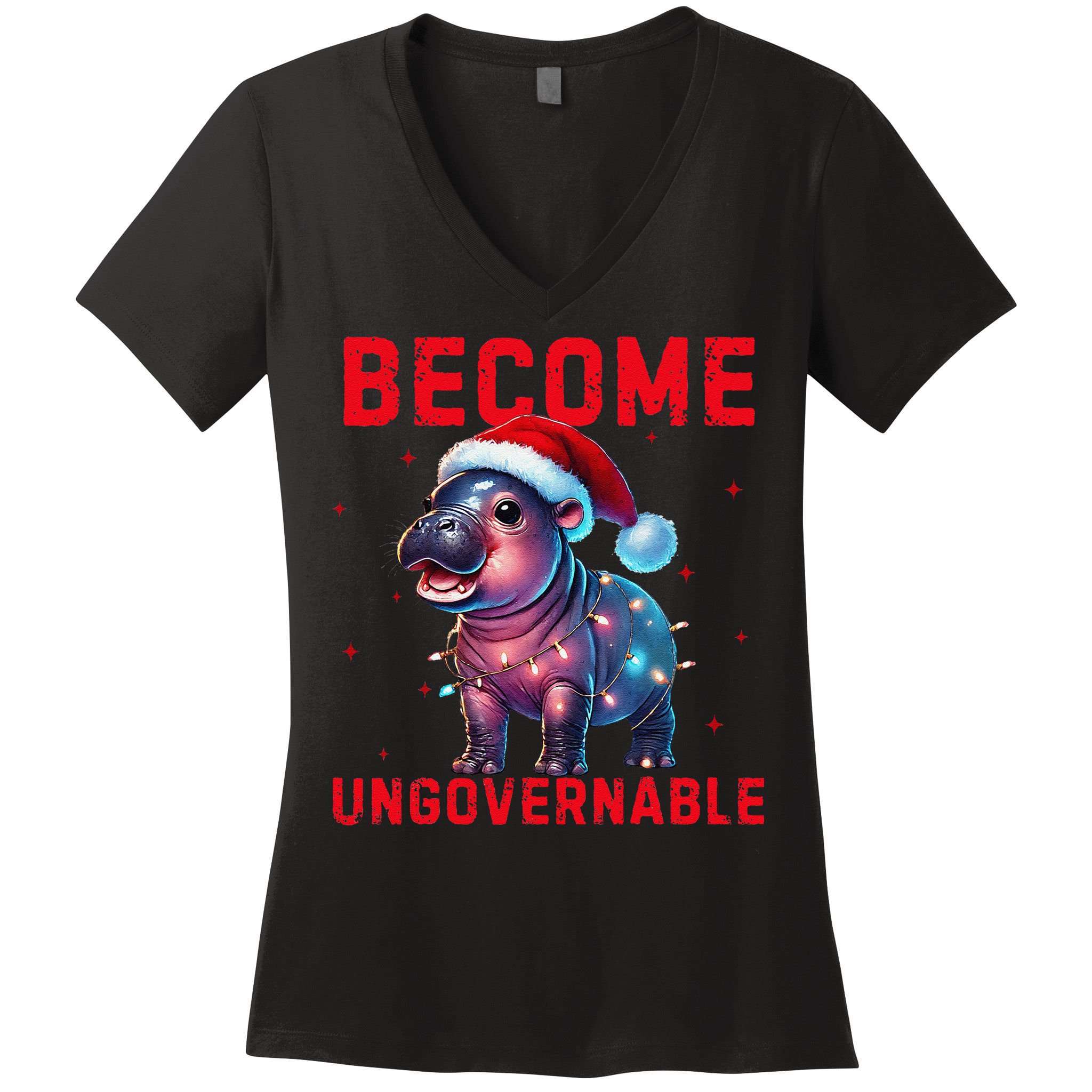 Become Ungovernable Hippo Christmas Lights Fun Funny Women's V-Neck T-Shirt