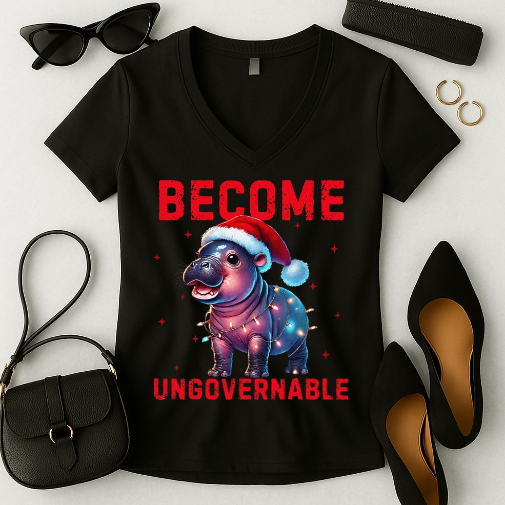 Become Ungovernable Hippo Christmas Lights Fun Funny Women's V-Neck T-Shirt