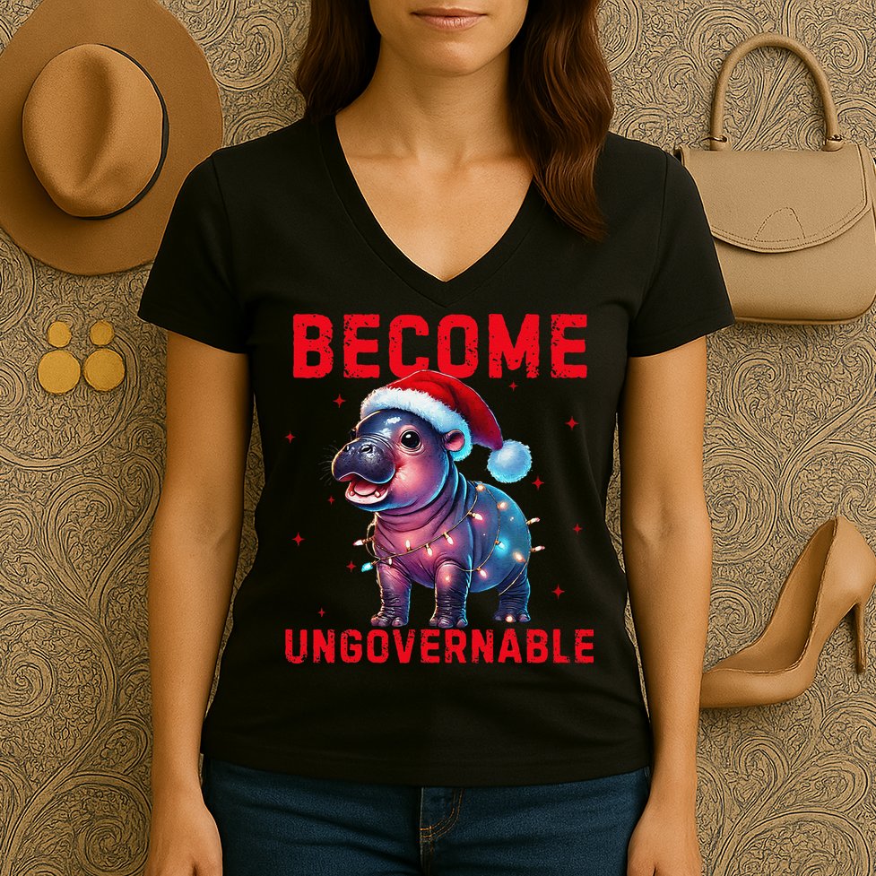 Become Ungovernable Hippo Christmas Lights Fun Funny Women's V-Neck T-Shirt