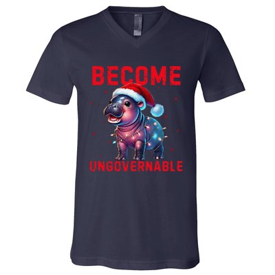 Become Ungovernable Hippo Christmas Lights Fun Funny V-Neck T-Shirt