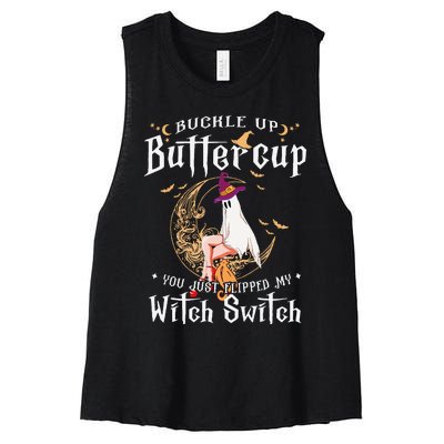 Buckle Up Halloween Buttercup You Just Flipped Witch Switch Women's Racerback Cropped Tank