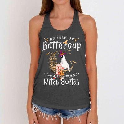 Buckle Up Halloween Buttercup You Just Flipped Witch Switch Women's Knotted Racerback Tank