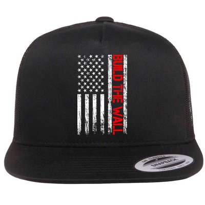 Build The Wall Distressed Flag Flat Bill Trucker Hat