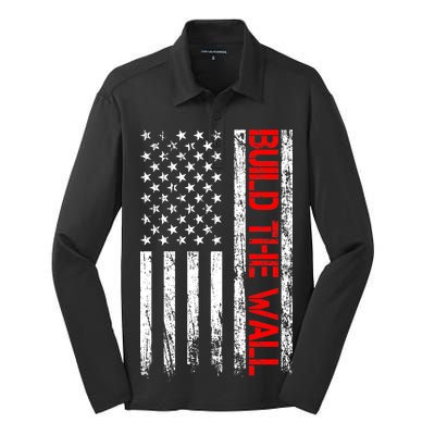 Build The Wall Distressed Flag Silk Touch Performance Long Sleeve Polo