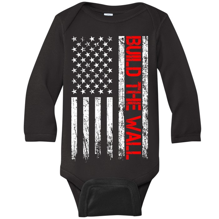 Build The Wall Distressed Flag Baby Long Sleeve Bodysuit