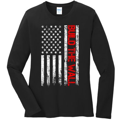 Build The Wall Distressed Flag Ladies Long Sleeve Shirt