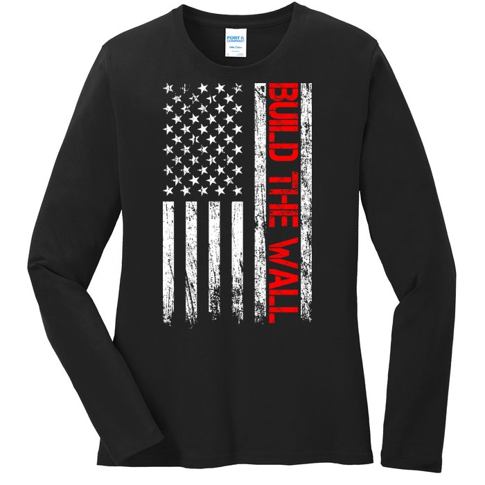 Build The Wall Distressed Flag Ladies Long Sleeve Shirt