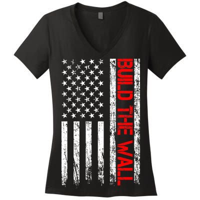 Build The Wall Distressed Flag Women's V-Neck T-Shirt