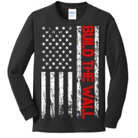 Build The Wall Distressed Flag Kids Long Sleeve Shirt