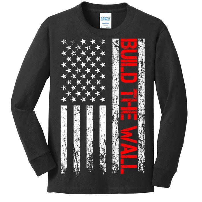 Build The Wall Distressed Flag Kids Long Sleeve Shirt