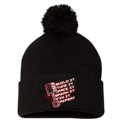 Build Tune Race Break Fix Repeat Pom Pom 12in Knit Beanie