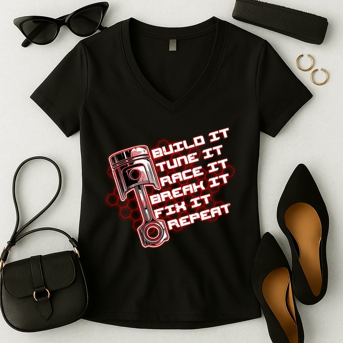 Build Tune Race Break Fix Repeat Women's V-Neck T-Shirt
