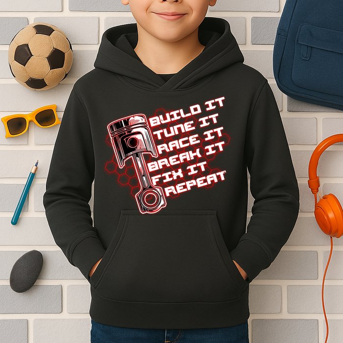 Build Tune Race Break Fix Repeat Kids Hoodie
