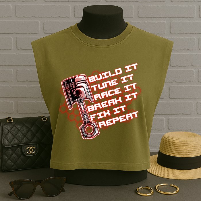 Build Tune Race Break Fix Repeat Garment-Dyed Women's Muscle Tee