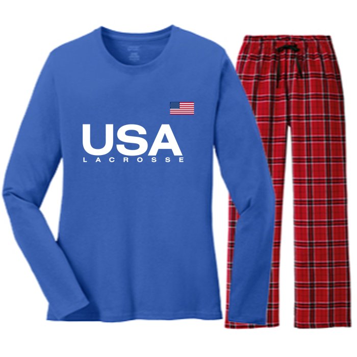 Big Usa Lacrosse Flag Gift Women's Long Sleeve Flannel Pajama Set 