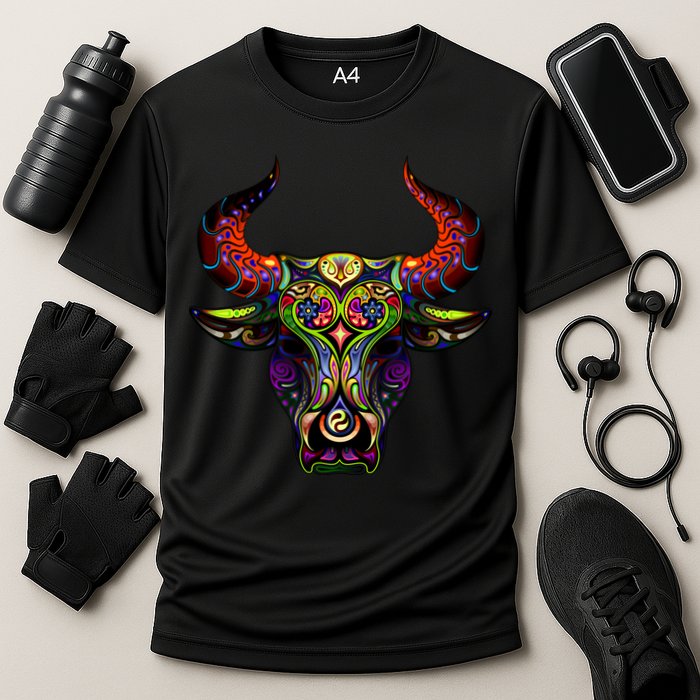 Bull Silhouette Head and Horns Cooling Performance Crew T-Shirt
