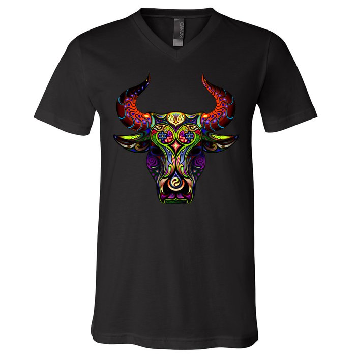 Bull Silhouette Head and Horns V-Neck T-Shirt