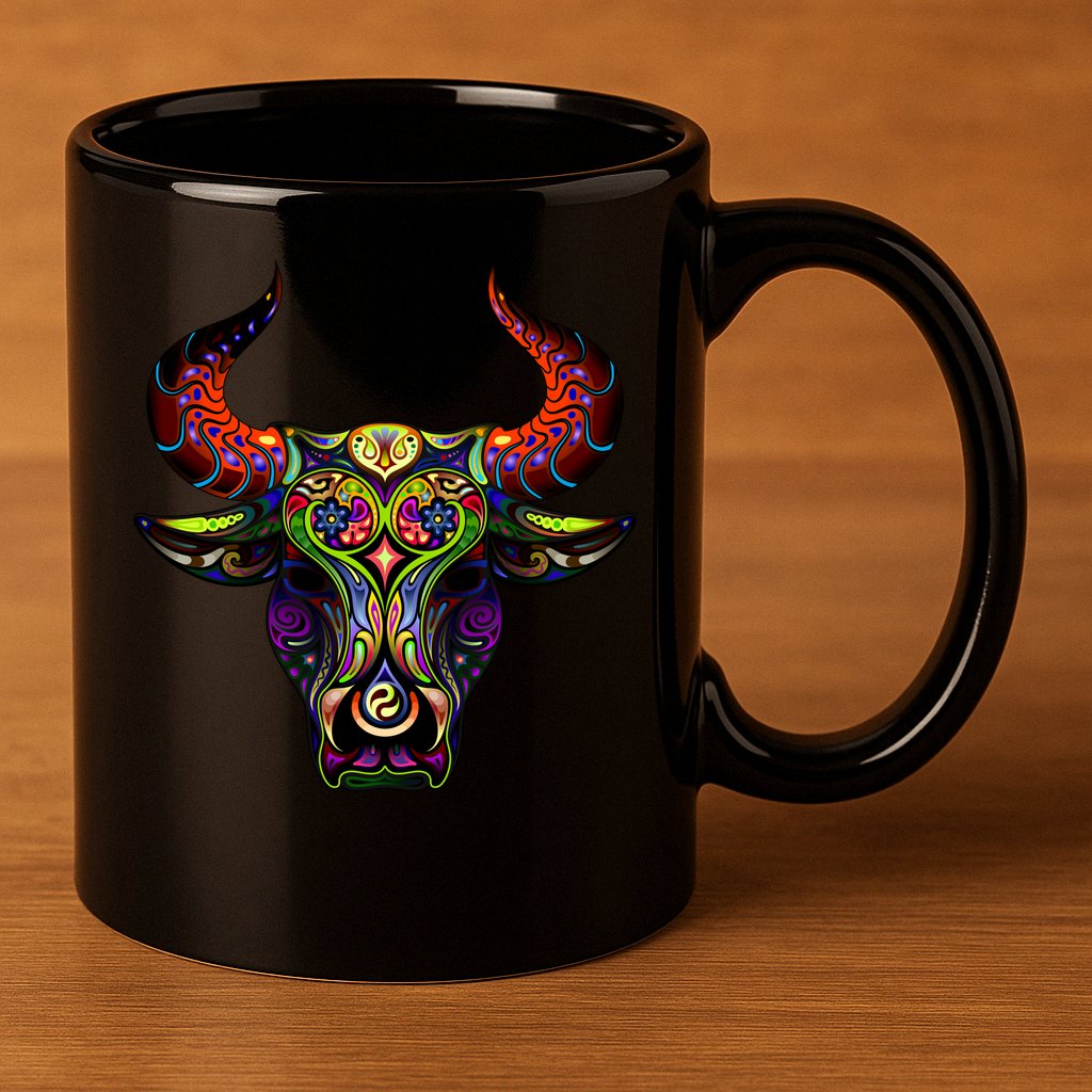 Bull Silhouette Head and Horns 11oz C Handle Ceramic Mug