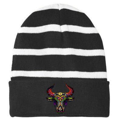 Bull Silhouette Head and Horns Striped Beanie with Solid Band