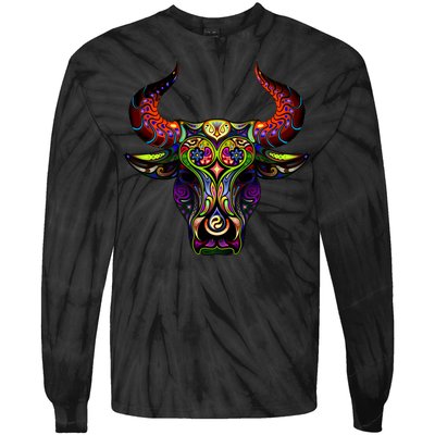 Bull Silhouette Head and Horns Tie-Dye Long Sleeve Shirt