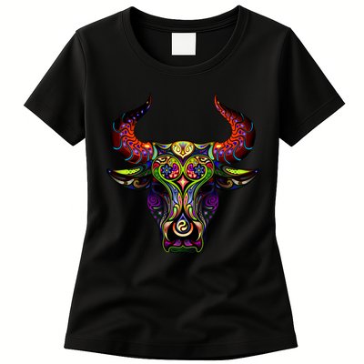 Bull Silhouette Head and Horns Womens T-Shirt