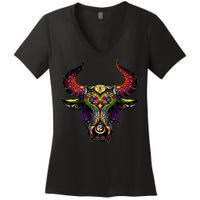 Bull Silhouette Head and Horns Women's V-Neck T-Shirt