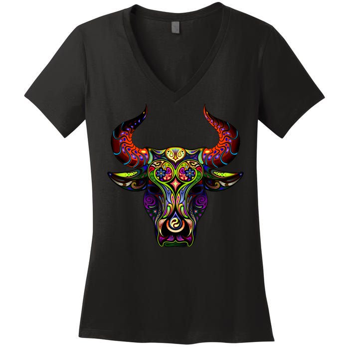 Bull Silhouette Head and Horns Women's V-Neck T-Shirt