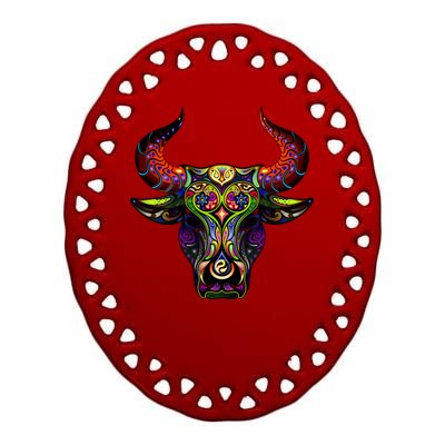 Bull Silhouette Head and Horns Ceramic Oval Ornament