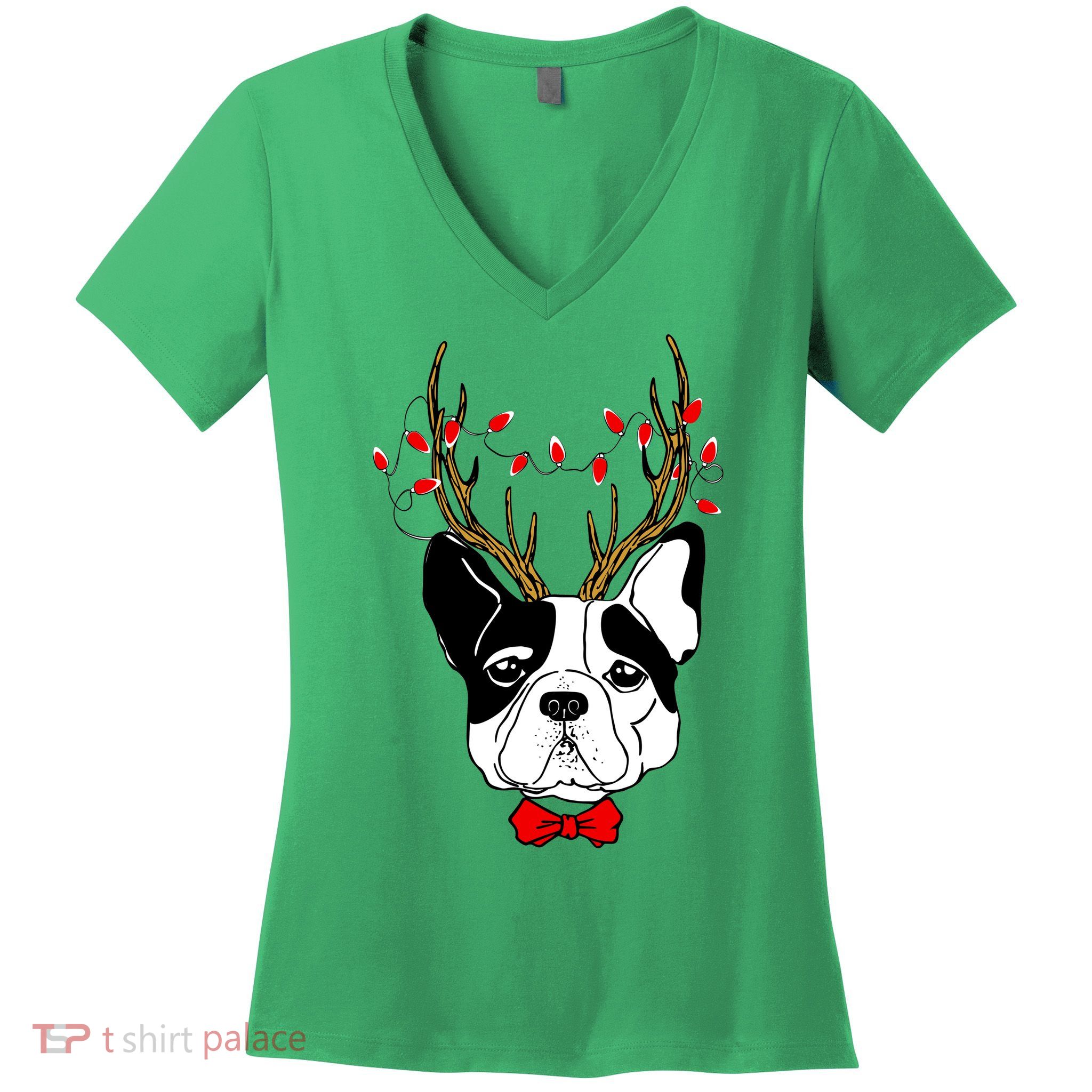 Bulldog Deer Antlers Women's V-Neck T-Shirt